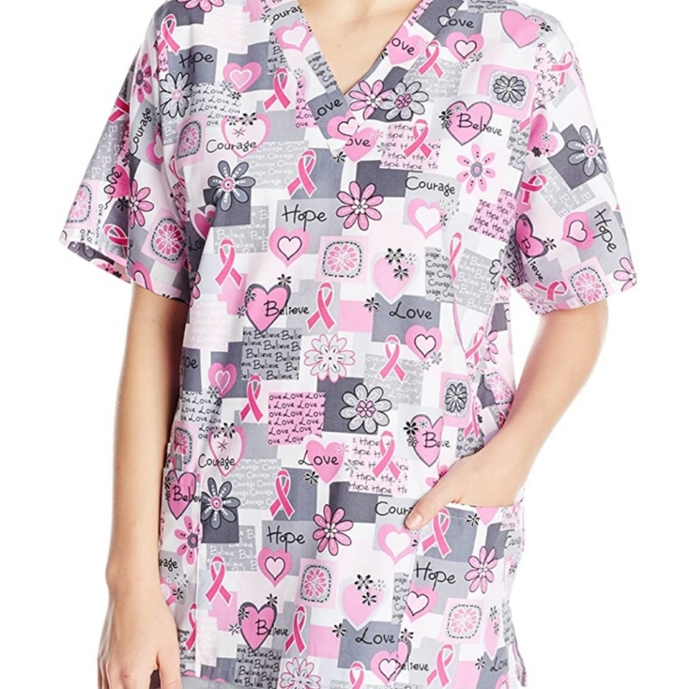 Scrub HQ "Believe" Pink Ribbon Scrub Top Medium